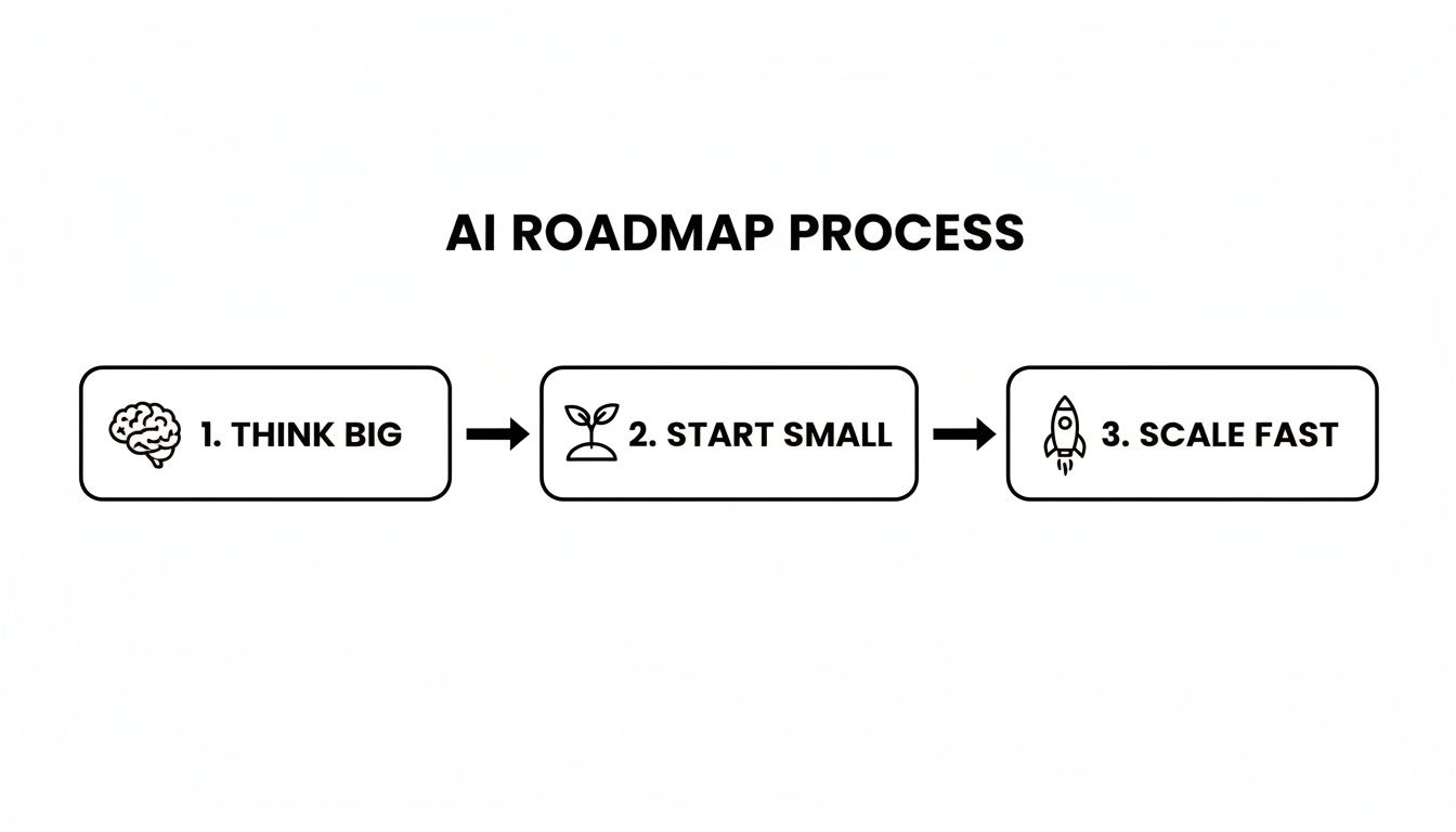 An AI roadmap process diagram with three steps: 1. Think Big (brain icon), 2. Start Small (plant icon), and 3. Scale Fast (rocket icon).