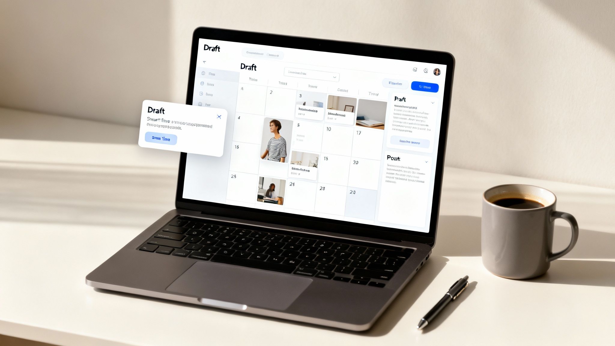A laptop displays a social media scheduling application with a calendar view and a coffee mug on a desk.
