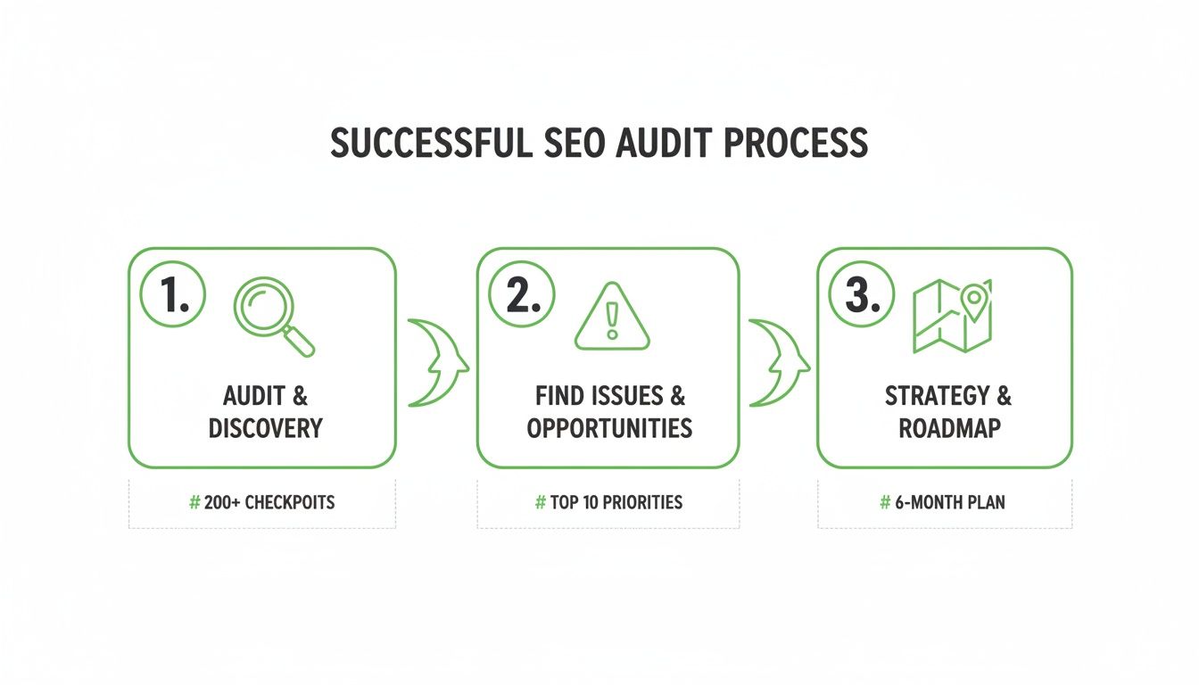 Infographic showing a successful SEO audit process in three steps: discovery, issue identification, and strategy.