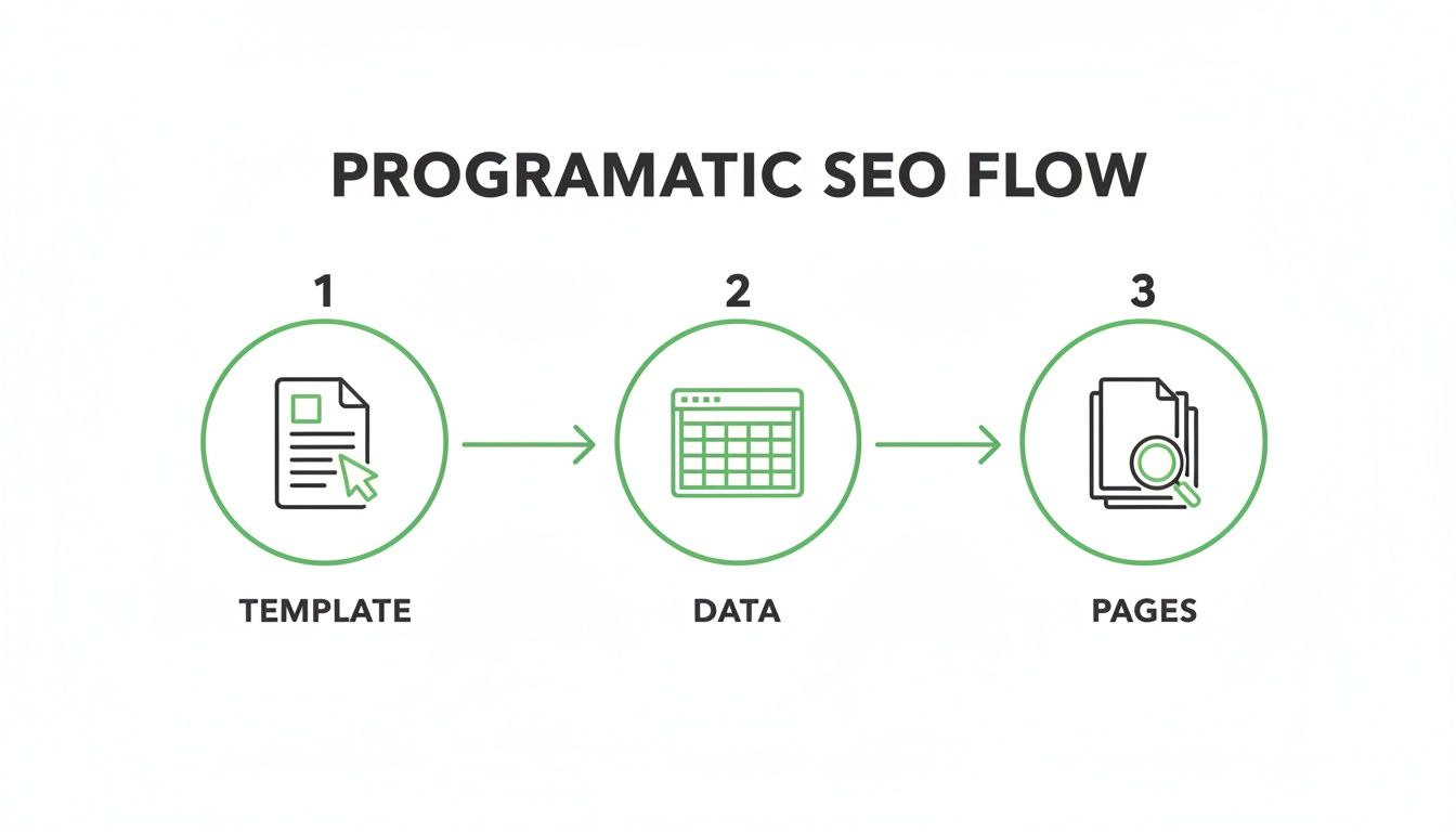 Diagram illustrating the programmatic SEO flow from template to data to generated pages.