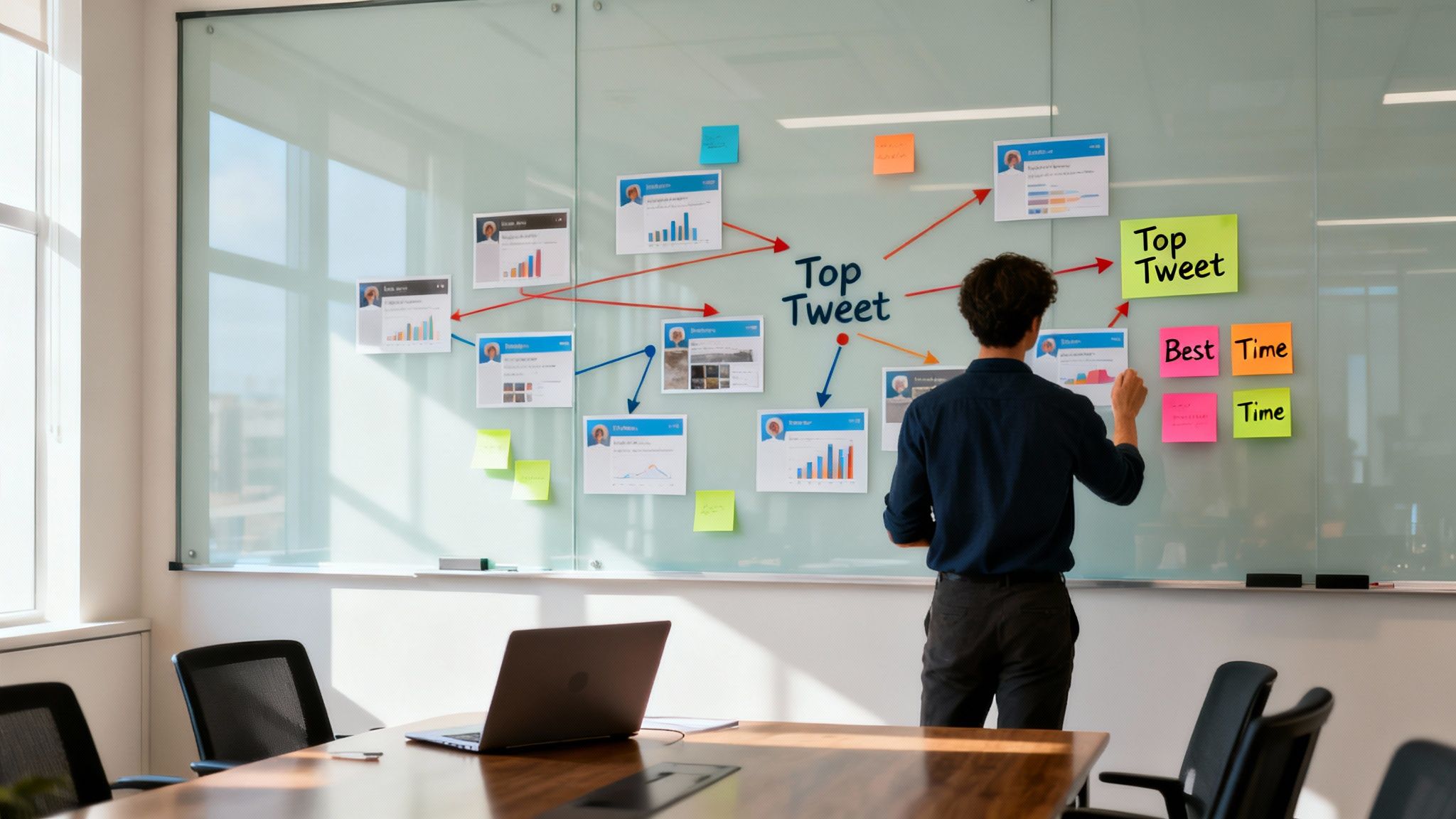 Man analyzing Twitter performance and planning strategies on a glass whiteboard in an office.