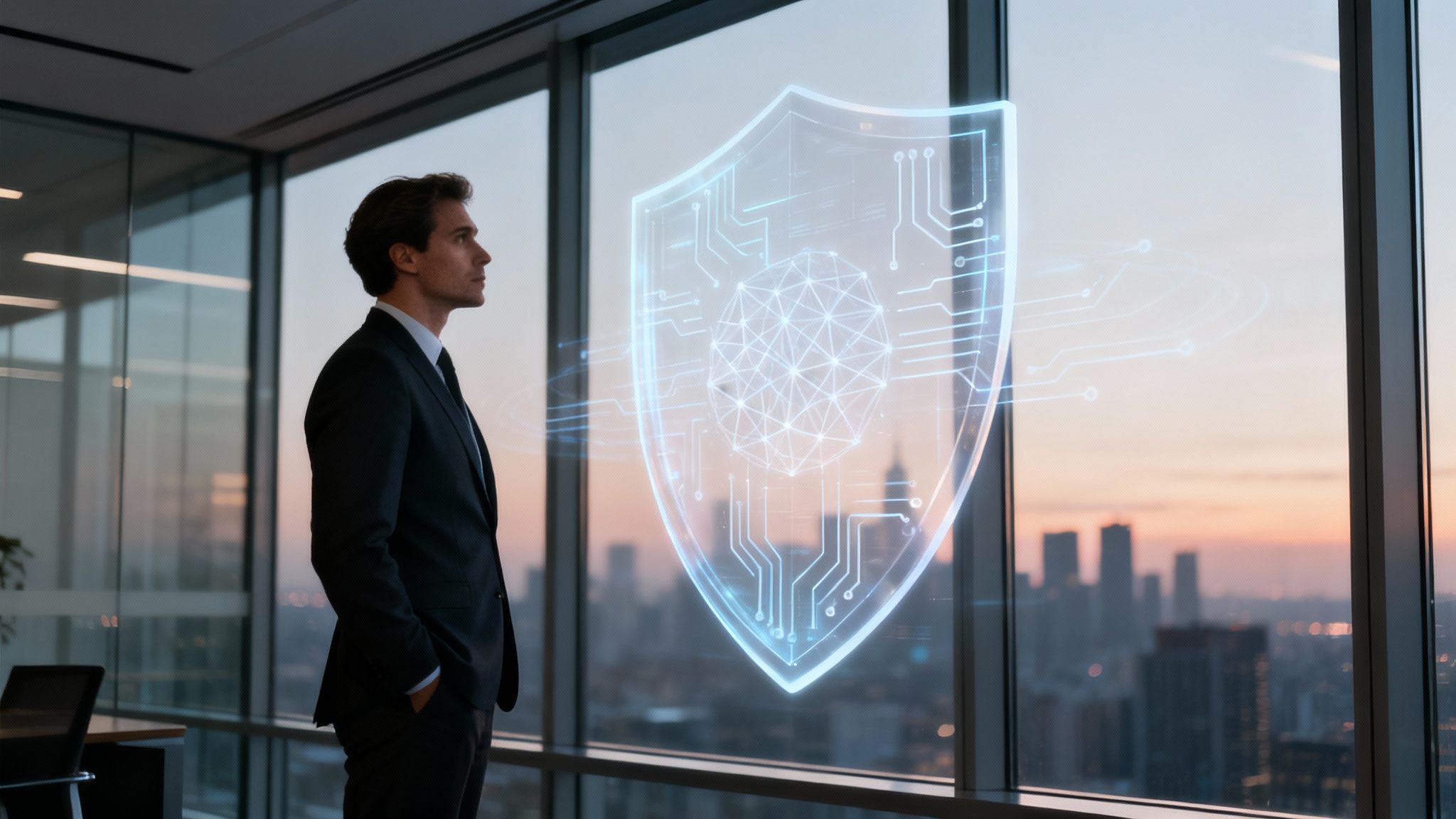 Businessman viewing a holographic cyber security shield against a city skyline at sunset.