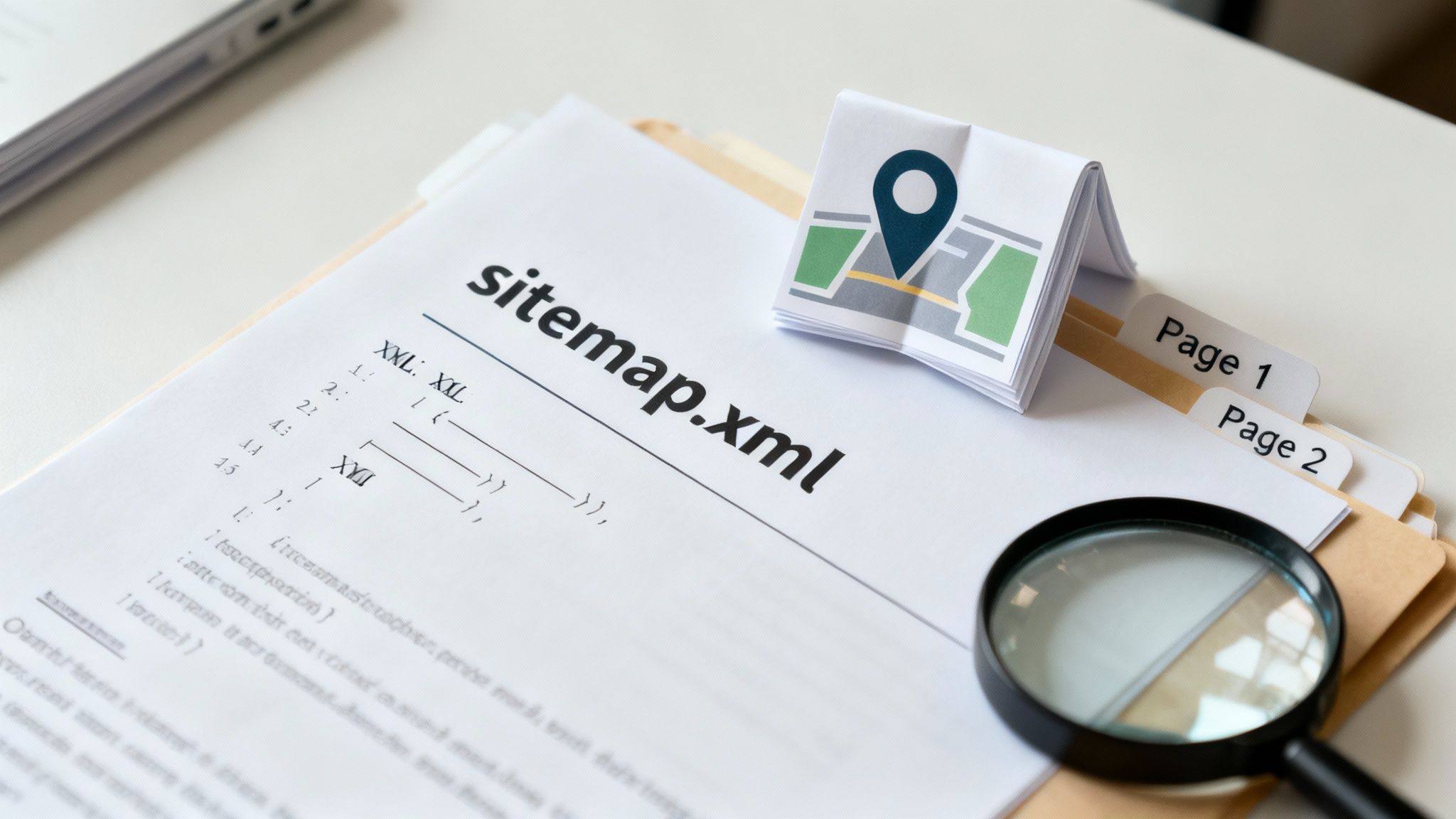 A document titled sitemap.xml with a mini map, labeled page tabs, and a magnifying glass.