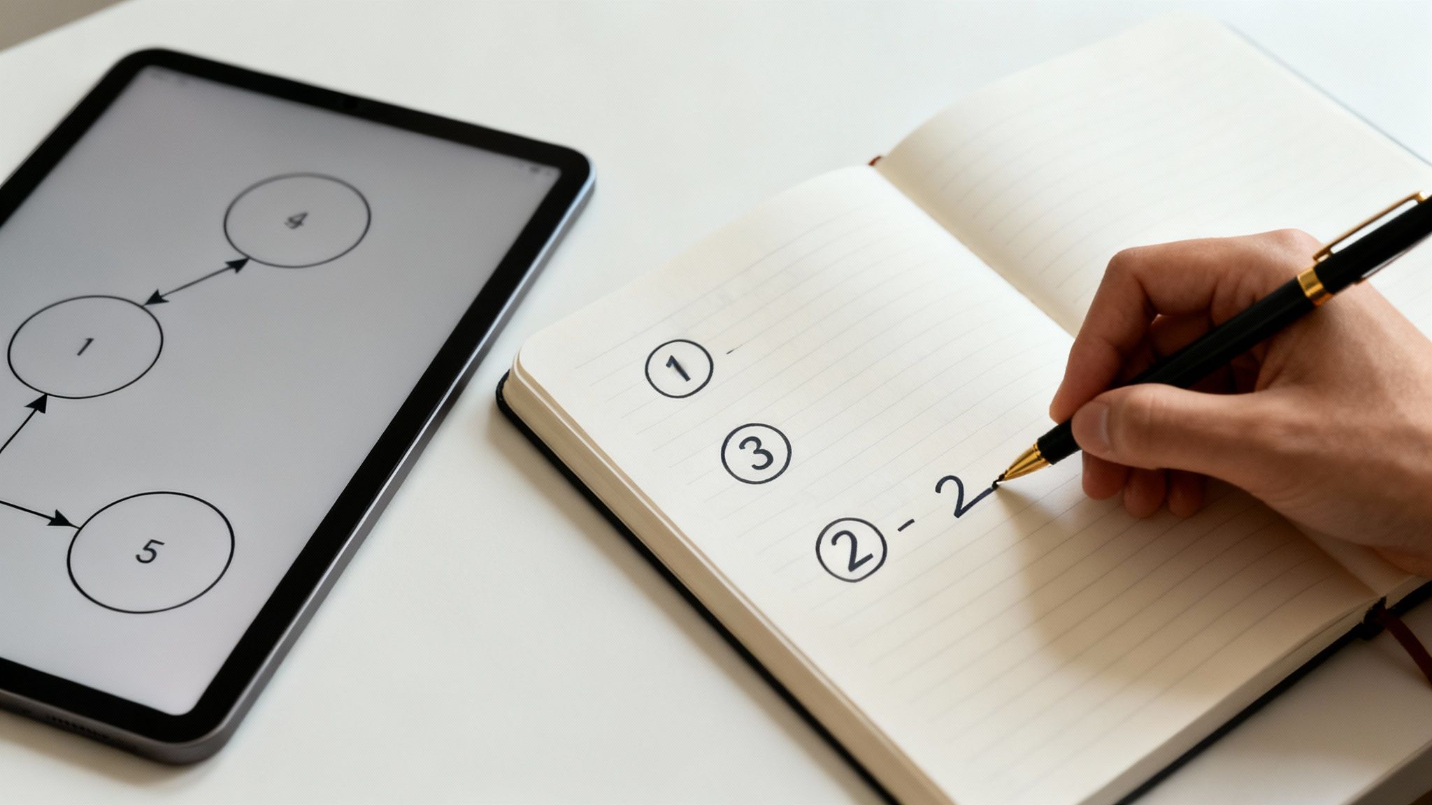 A hand writes numbered notes in a notebook while a tablet displays a content flow diagram.