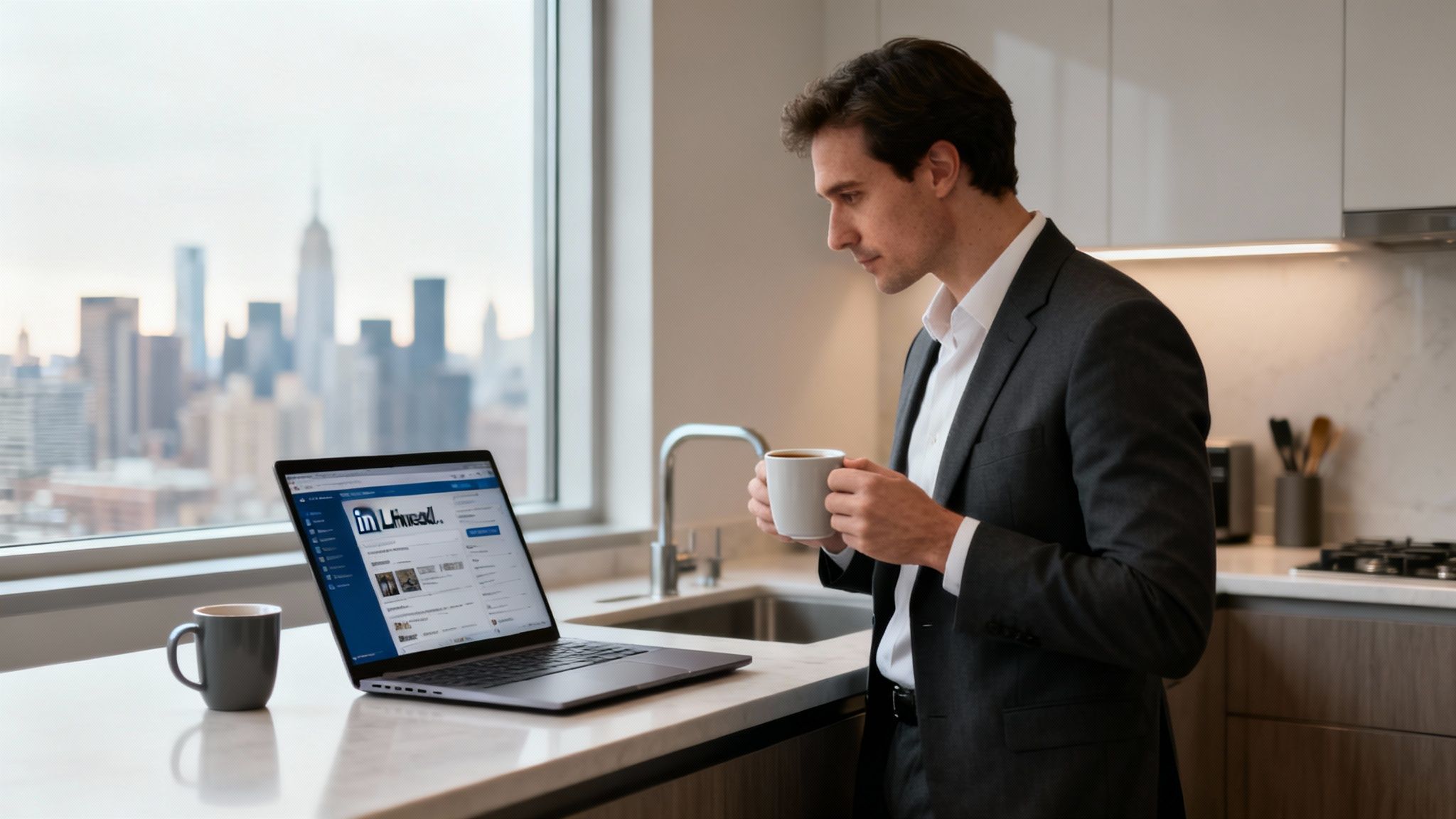 Man in a suit looks at laptop with LinkedIn, holding coffee in modern kitchen overlooking city.