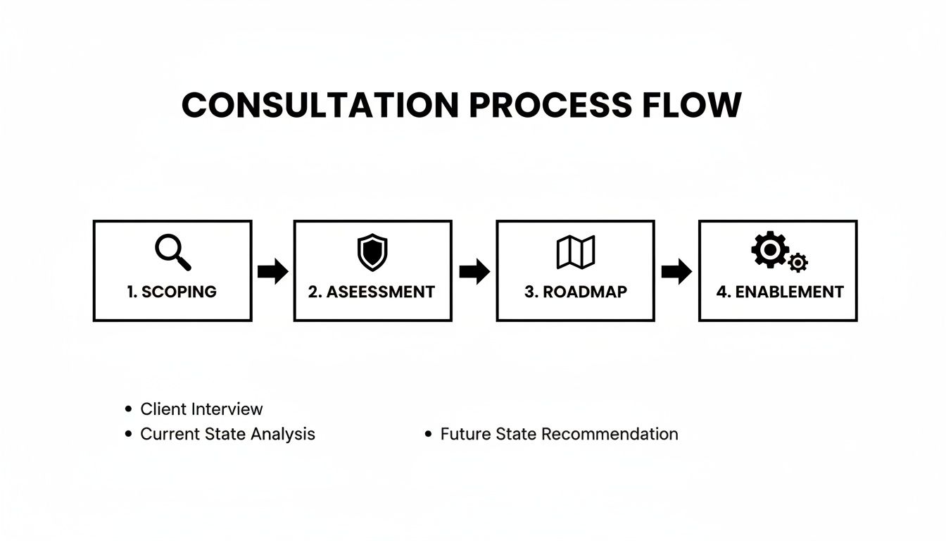 A consultation process flow diagram showing four sequential steps: Scoping, Assessment, Roadmap, and Enablement.