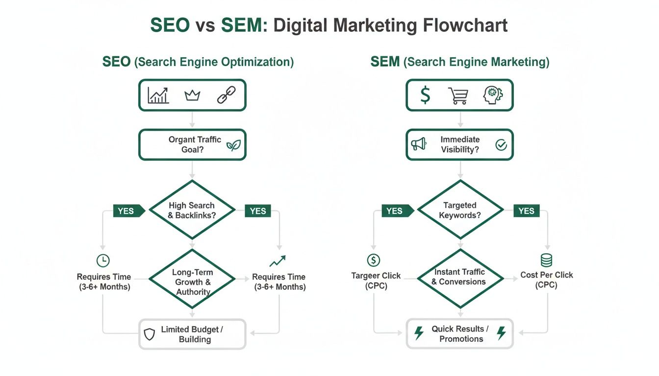 Flowchart comparing SEO vs SEM digital marketing strategies, detailing organic traffic, immediate visibility, and growth.