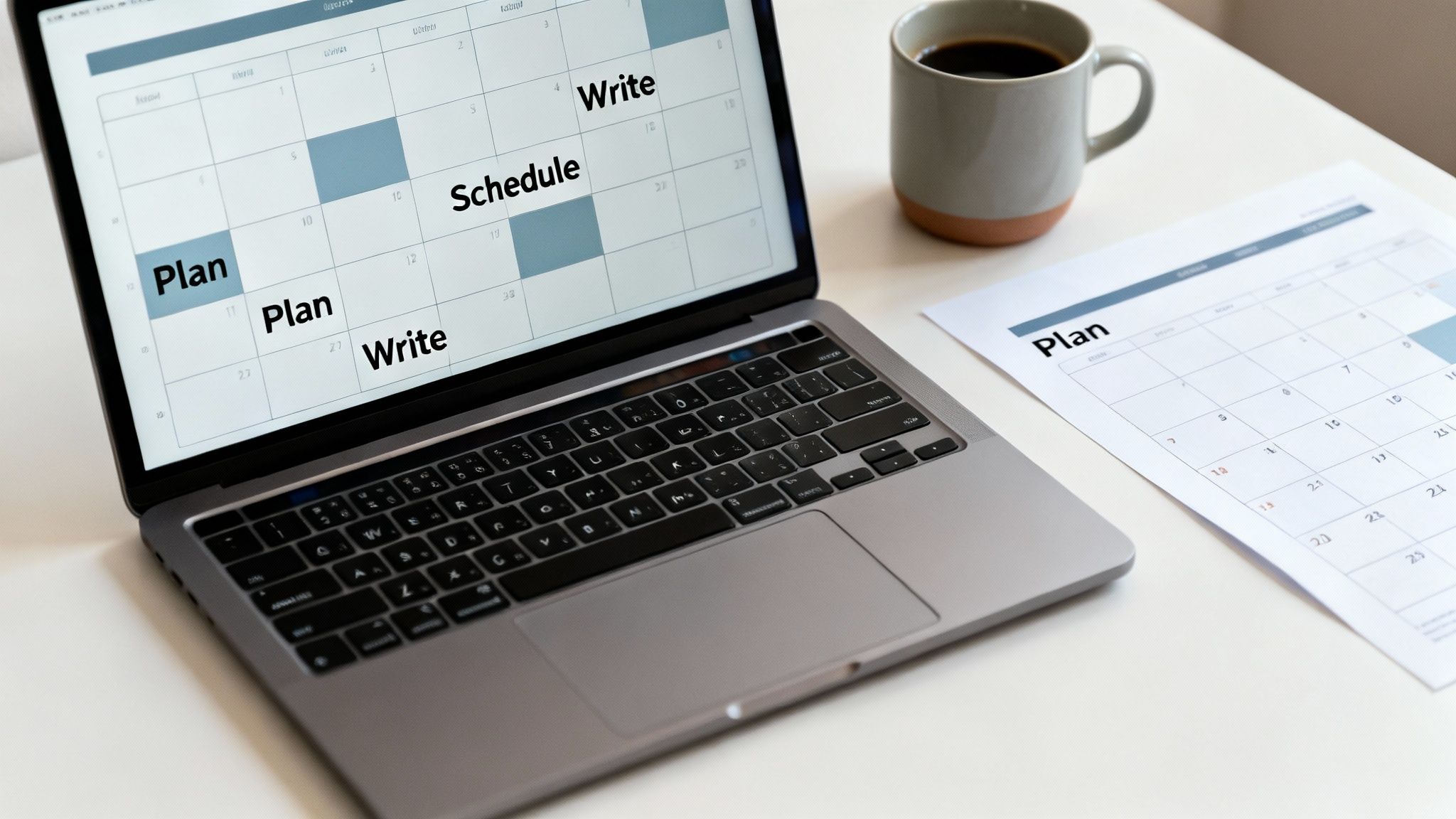 Workspace with laptop displaying a content calendar, paper calendar, and a coffee mug.