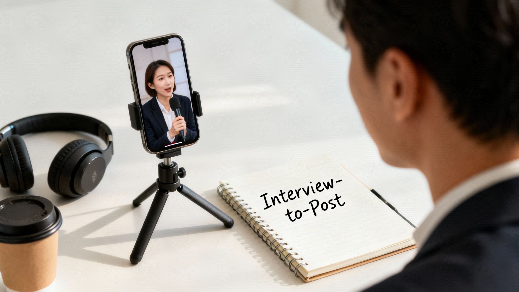 A man watches a woman on a smartphone during an online interview, with 'Interview-to-Post' notebook.
