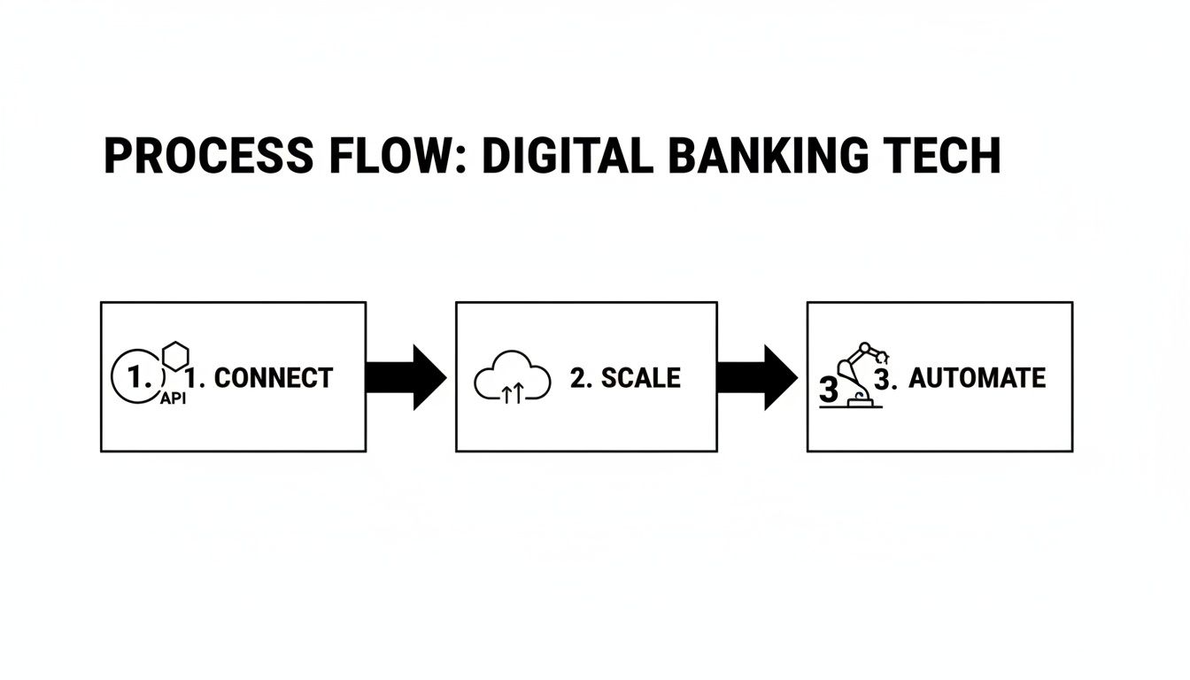 A three-step process flow for digital banking technology: connect, scale, and automate.