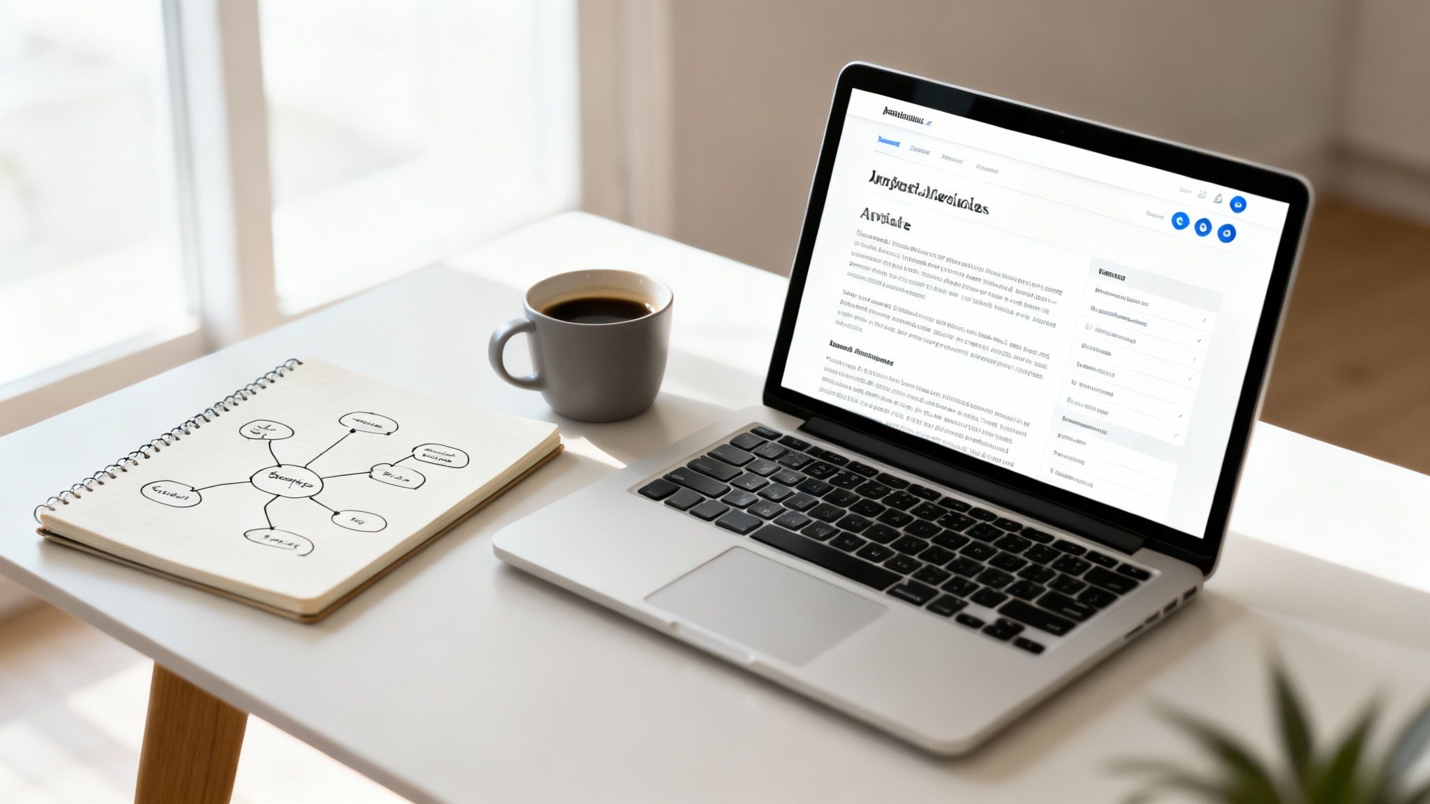 Overhead view of a modern workspace with a laptop, coffee mug, and a notebook with a mind map.