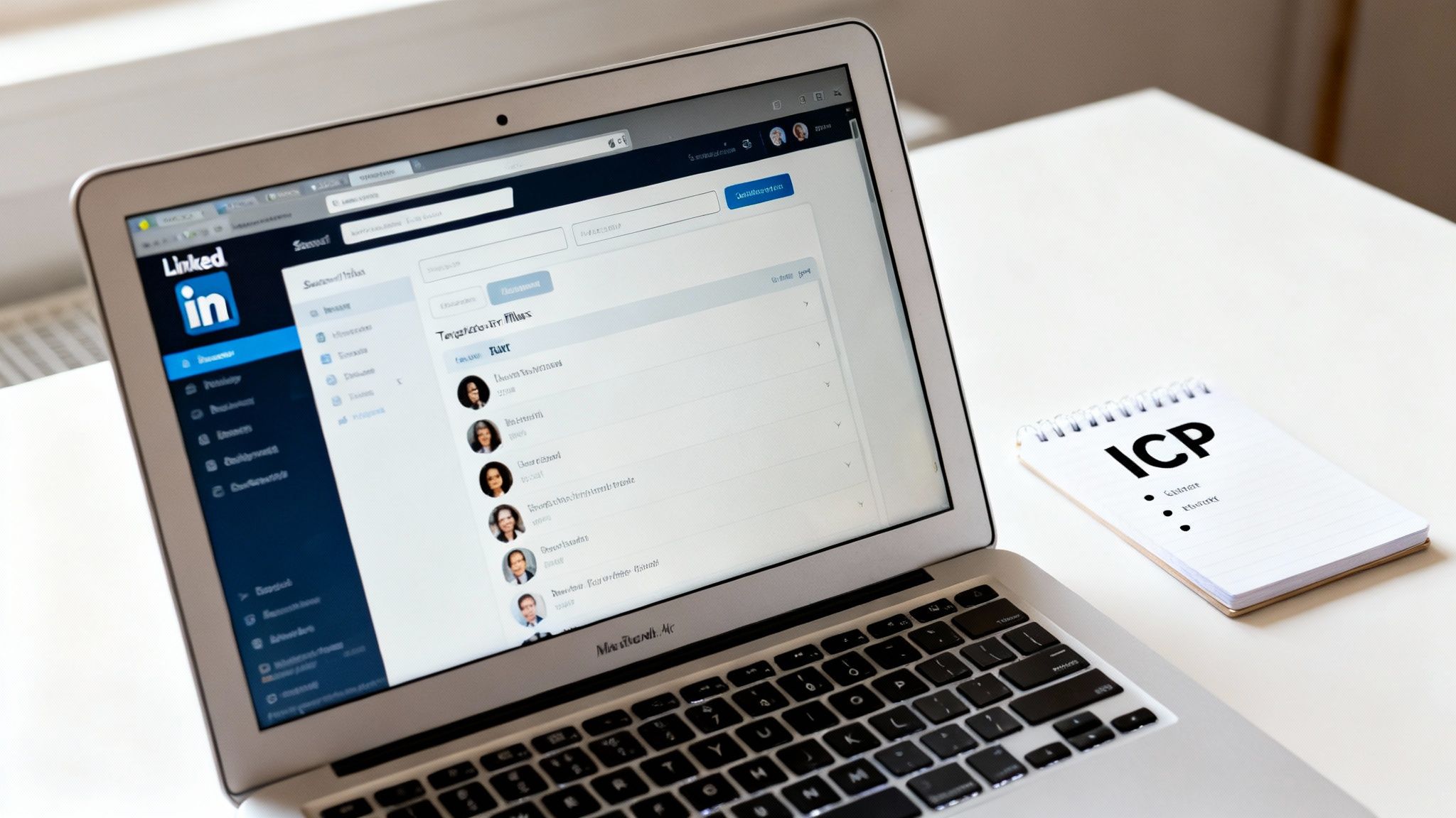 Laptop displaying LinkedIn profile alongside a notepad with 'ICP' on a clean white desk.