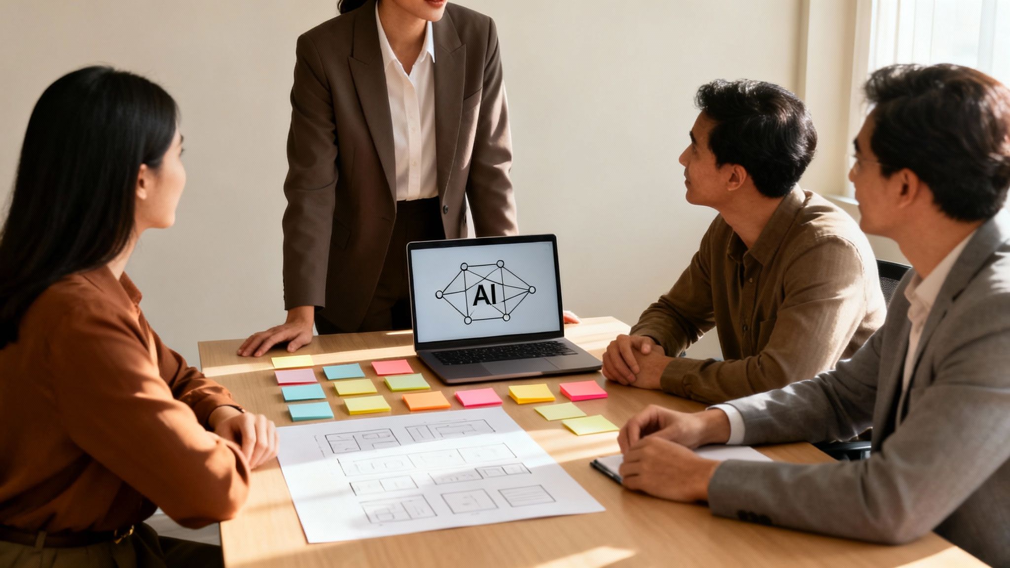 Fachleute in einem Meeting diskutieren KI-Konzepte und Entwicklung mit Laptop, Haftnotizen und Entwürfen.