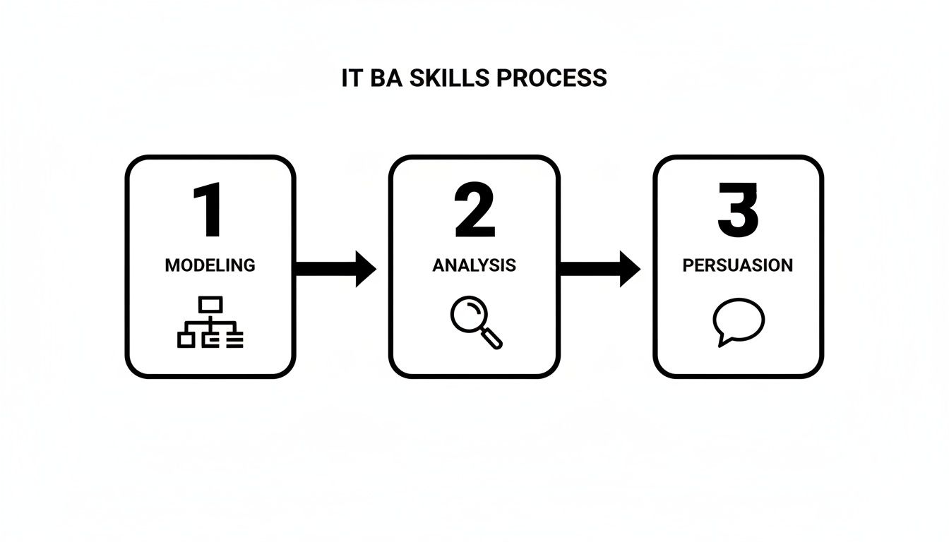 Ein Flussdiagramm, das den IT-BA-Fähigkeitenprozess mit drei Schritten darstellt: Modellierung, Analyse und Überzeugung.