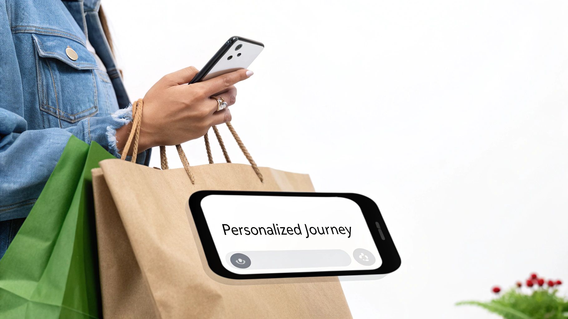 Eine Person hält Einkaufstüten, während sie mit einem Smartphone interagiert, auf dem ‚Personalized Journey‘ zu sehen ist.