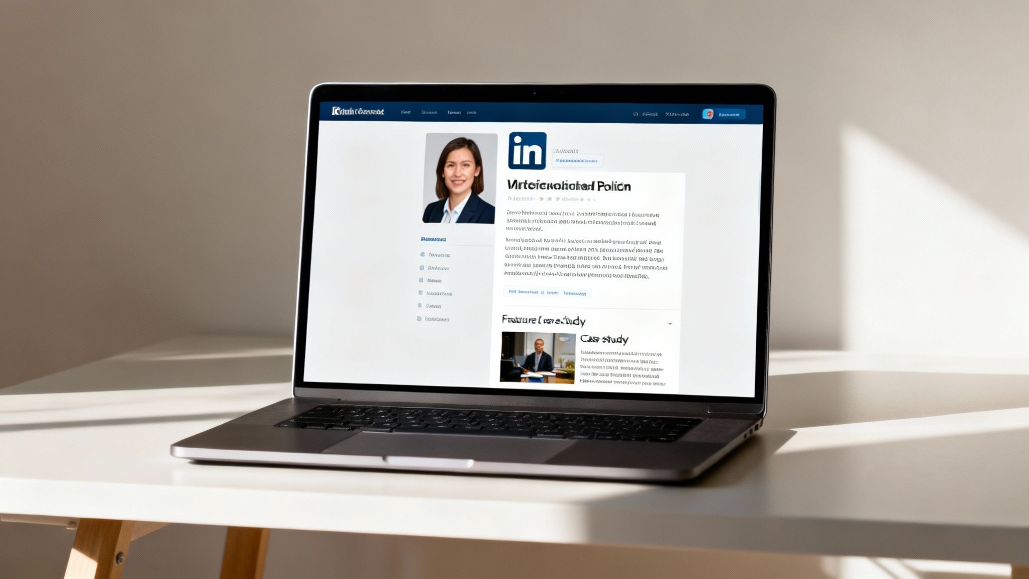 A silver laptop on a white desk displays a LinkedIn profile with a woman's photo, illuminated by sunlight.