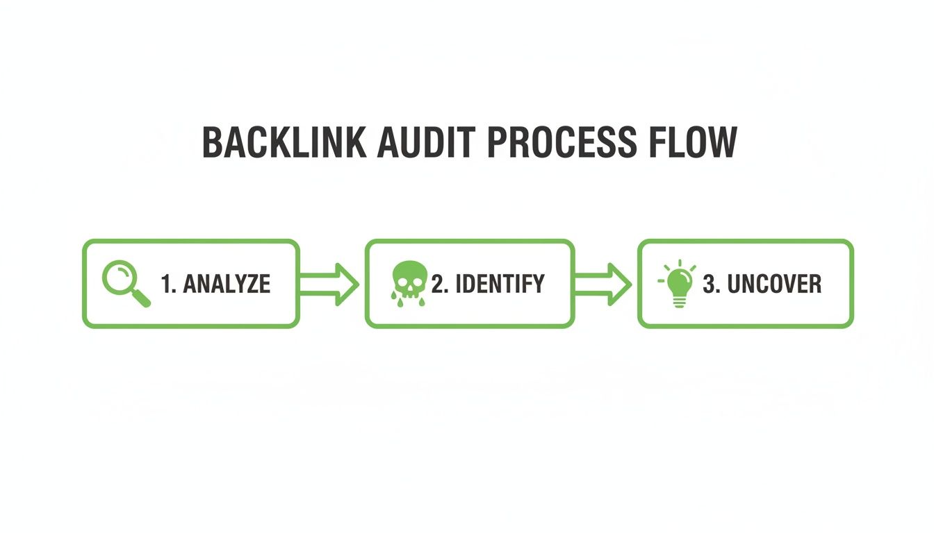 A three-step backlink audit process flow diagram, showing analyze, identify, and uncover stages.