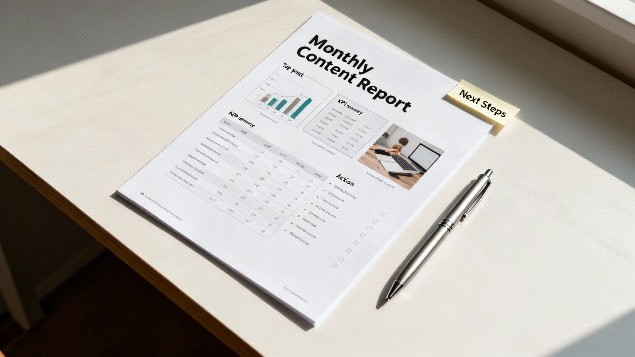 Monthly content report document with performance charts and KPI summary on desk with pen