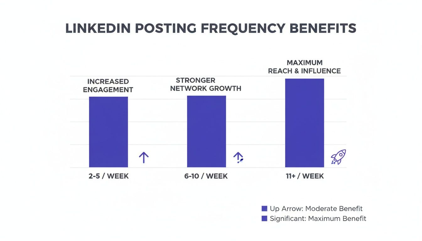 Bar chart illustrating LinkedIn posting frequency benefits, showing increased engagement, network growth, and reach.