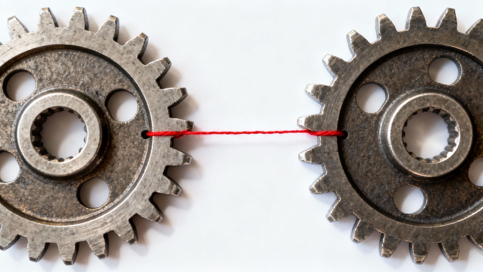 Two grey metallic gears connected by a red thread on a clean white surface.