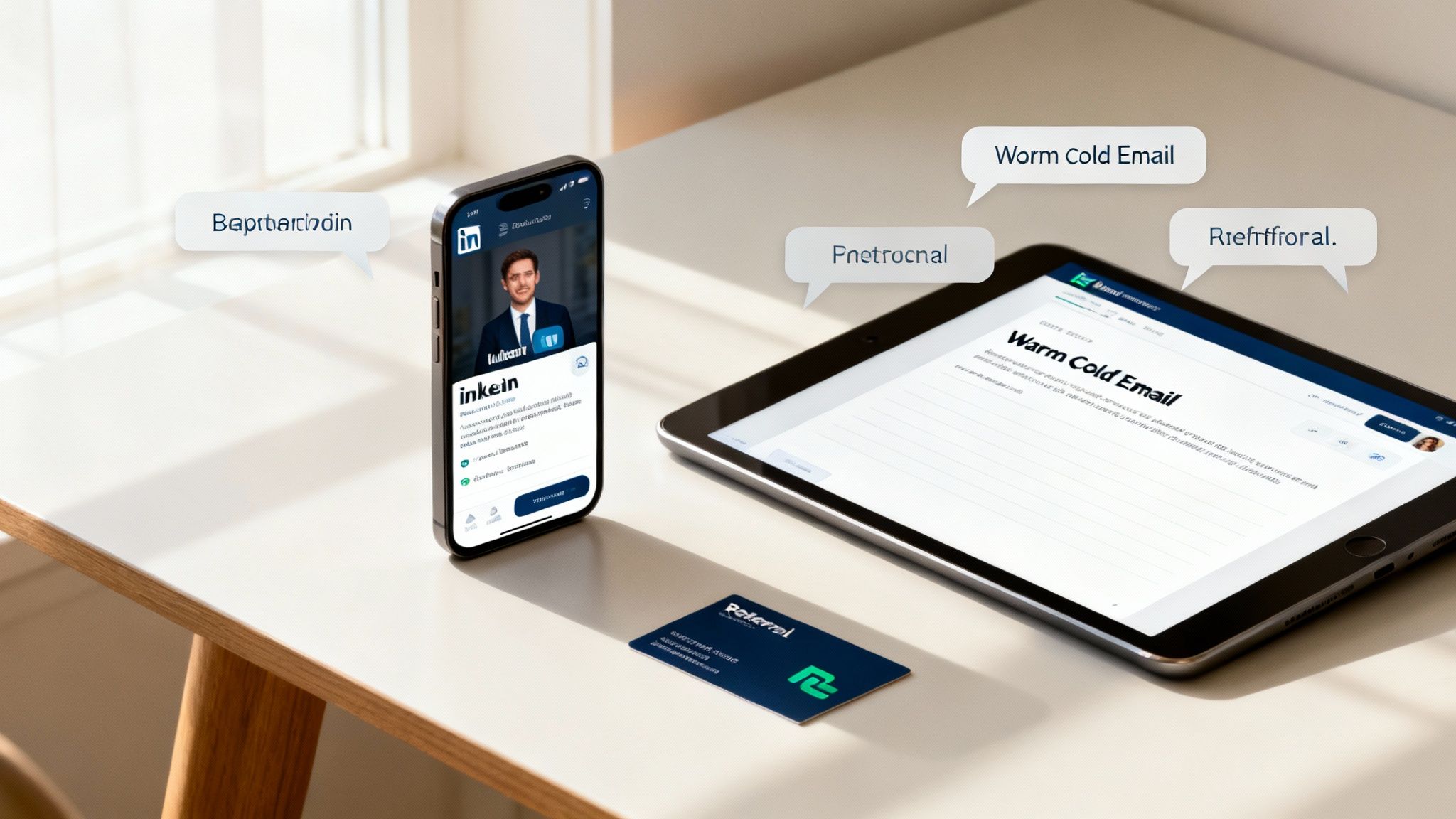 A smartphone with a LinkedIn profile, a tablet showing a 'Warm Cold Email', and a business card on a desk, representing client outreach strategies.