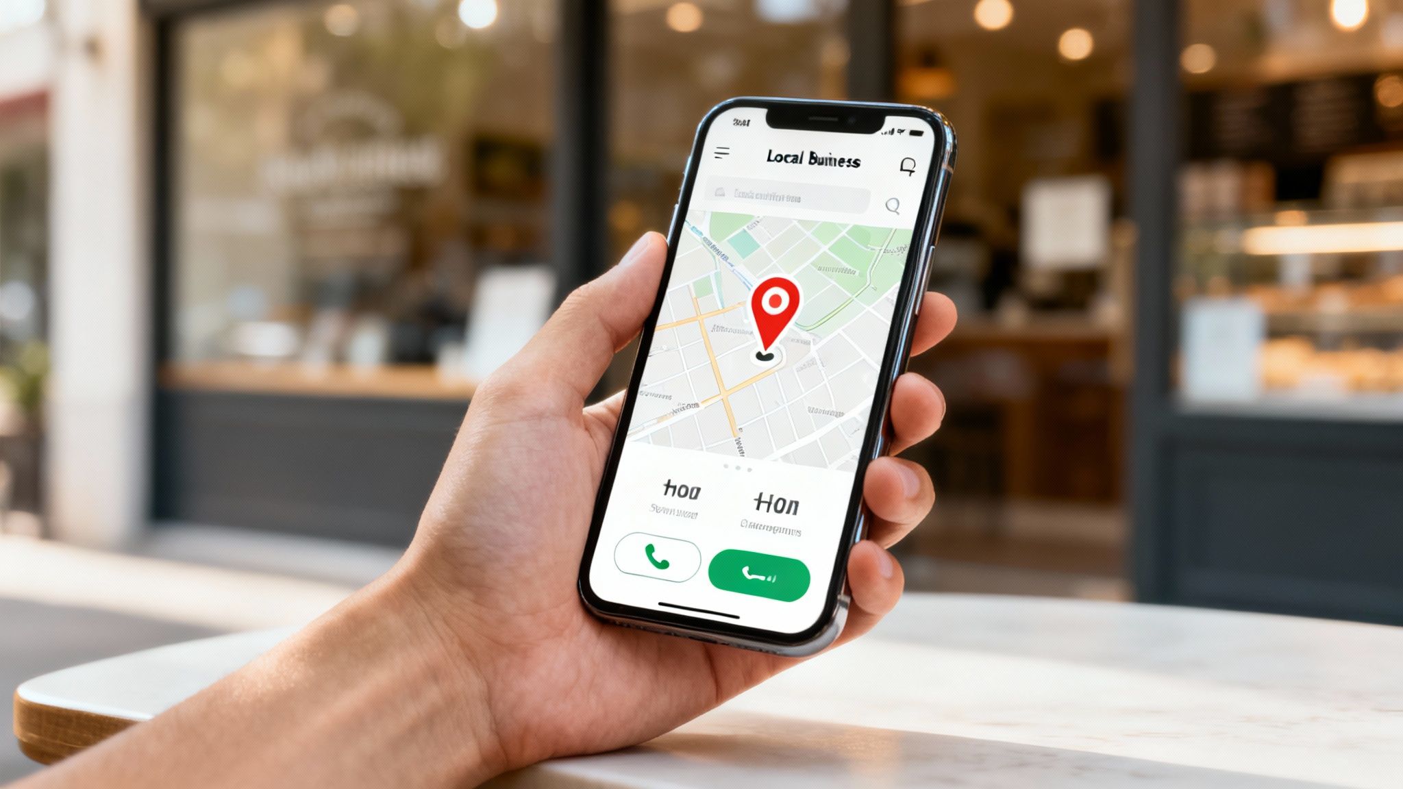 A hand holds a smartphone showing a map with a red location pin and contact options for a local business.