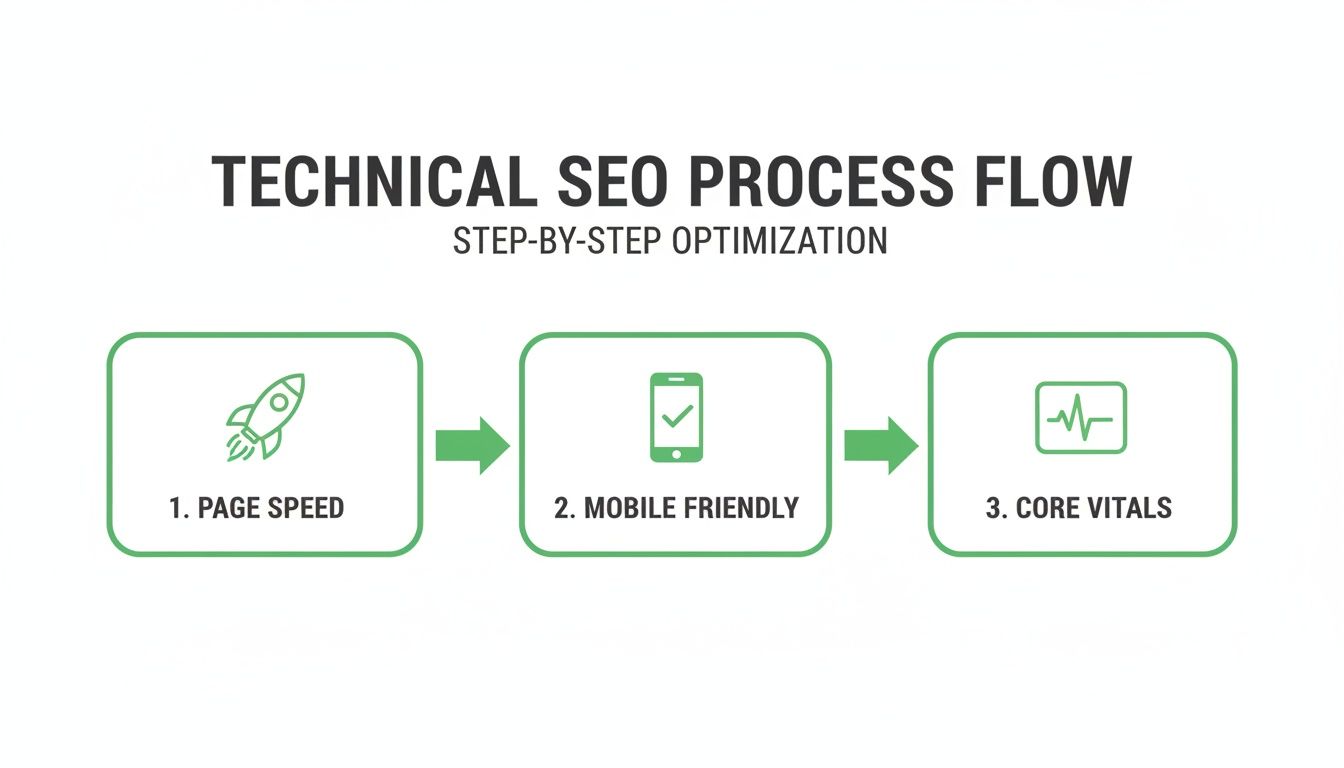 A technical SEO process flow diagram outlining steps: Page Speed, Mobile Friendly, and Core Web Vitals.