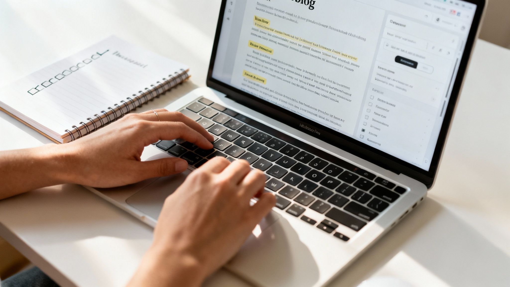 Hands typing on a silver laptop with a blog editor on screen, next to a notebook with a checklist.
