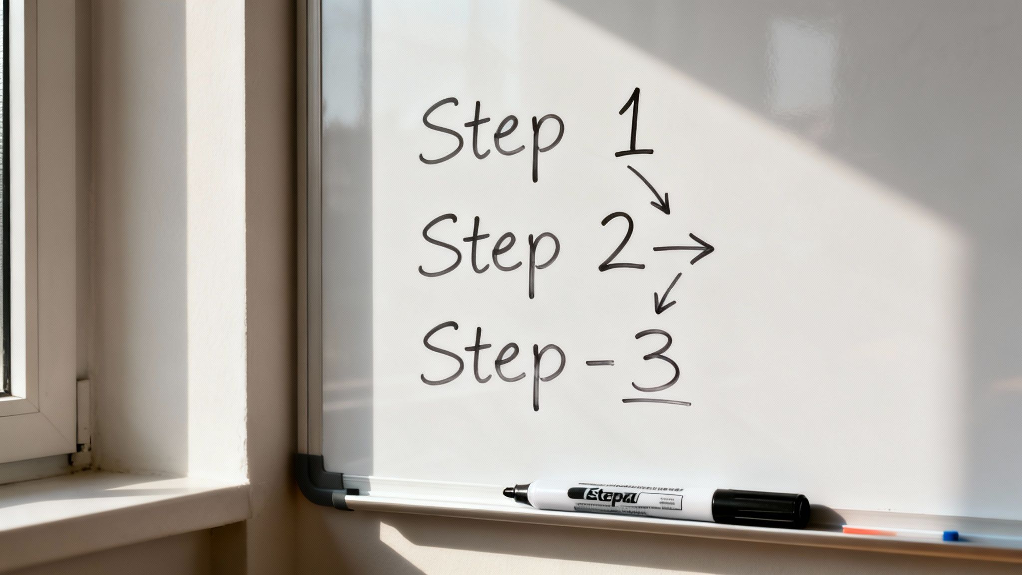 A whiteboard displays 'Step 1', 'Step 2', 'Step 3' with arrows, illustrating a sequential process.