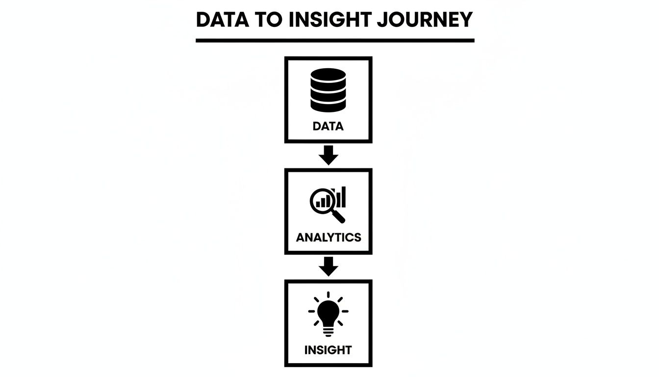 A flowchart illustrating the data to insight journey: Data, Analytics, and Insight, shown with icons.