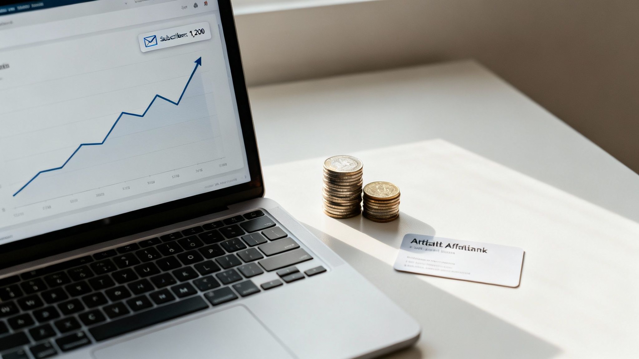 Laptop shows an upward growth graph and subscriber count, with stacks of coins and a business card.