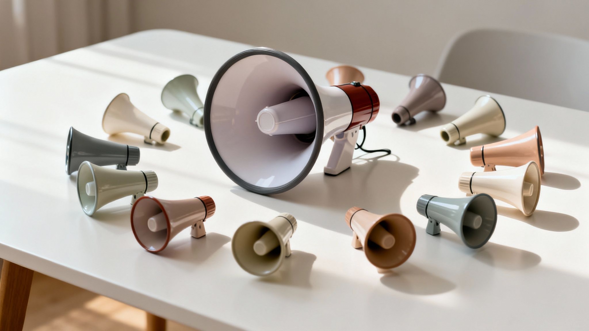 A large red and white megaphone surrounded by many smaller colourful megaphones on a white table.
