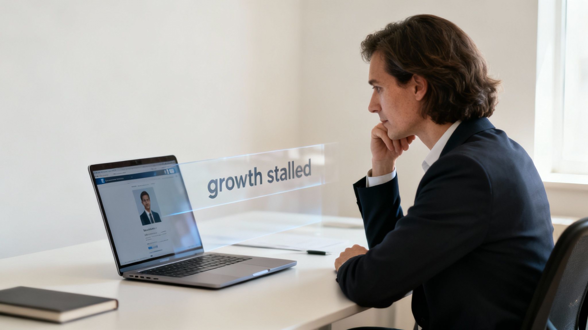 Businessman contemplating 'growth stalled' message over his laptop, reviewing his professional profile.