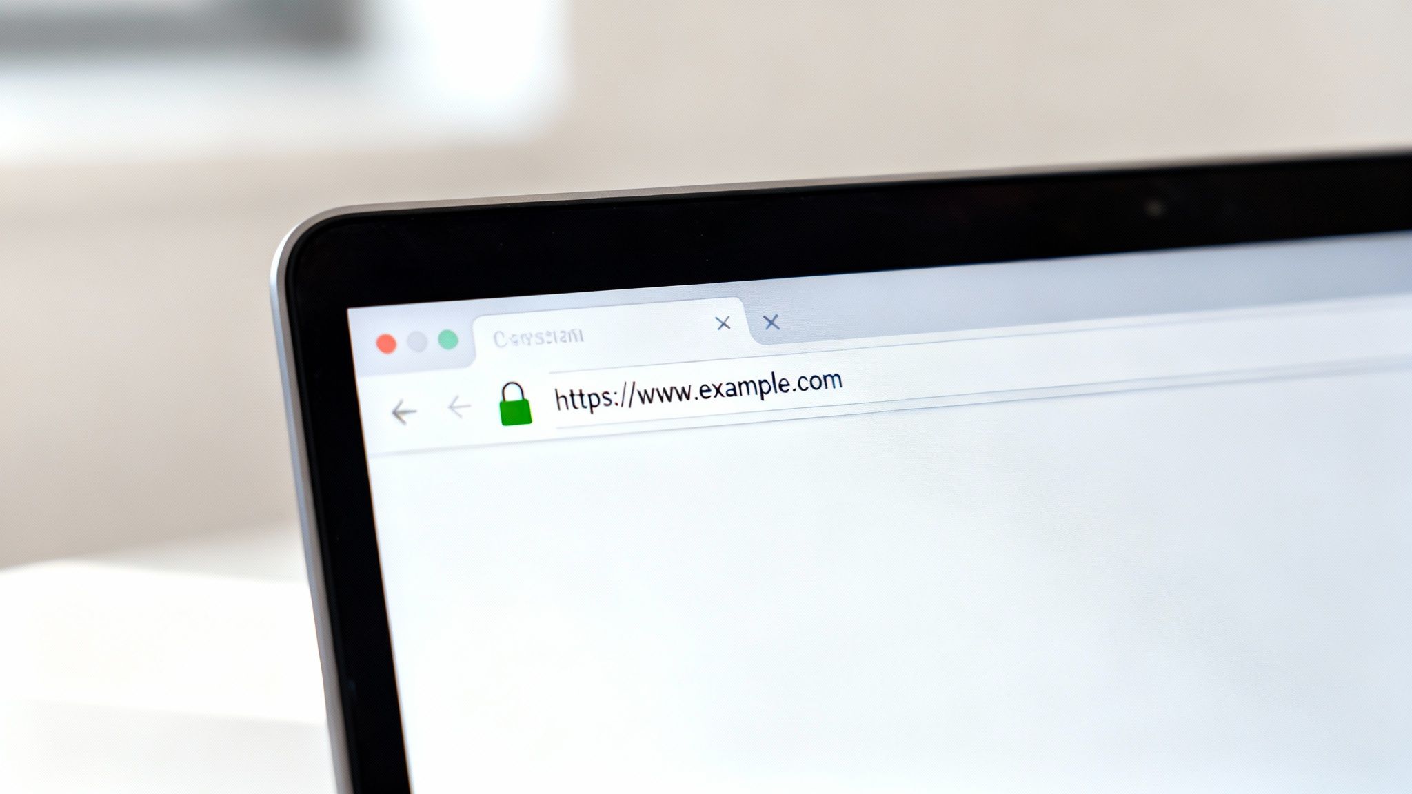 Close-up of a laptop screen showing a web browser with a secure HTTPS connection to example.com.