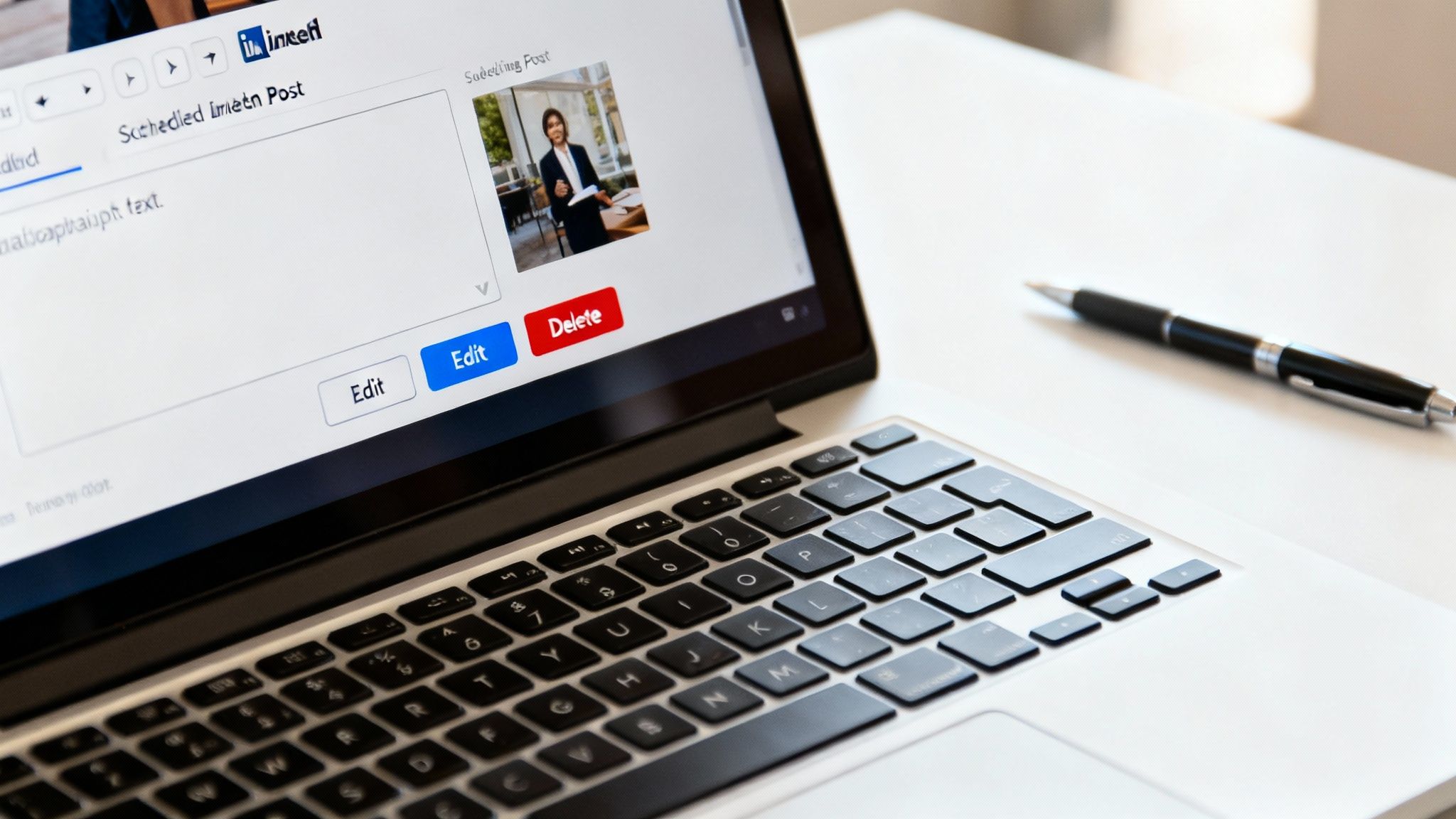 An image showing the LinkedIn interface for editing a scheduled post. The text, image, and schedule time are highlighted as editable fields.