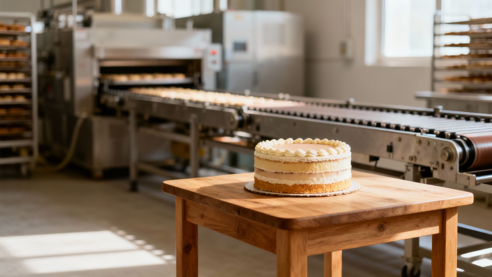 A beautifully frosted layered cake on a wooden table in a busy commercial bakery.