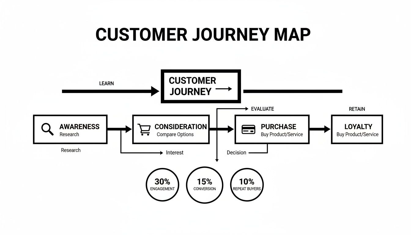 Customer journey map diagram illustrating awareness, consideration, purchase, and loyalty stages with key metrics.