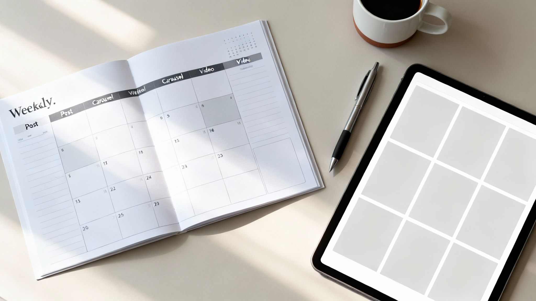 A top-down view of an open weekly content planner, a tablet with a grid, a pen, and a coffee cup on a light-colored desk.