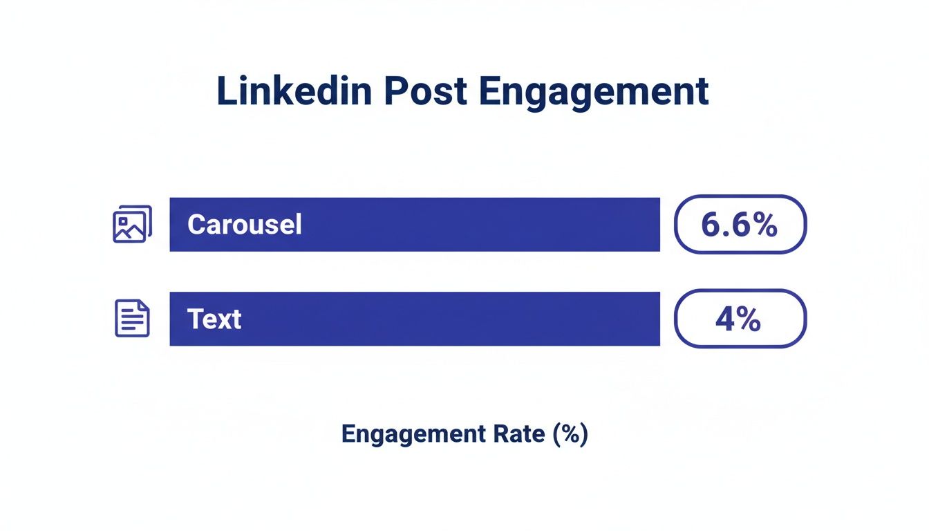 Bar chart comparing LinkedIn post engagement rates: carousel at 6.6% and text at 4%.