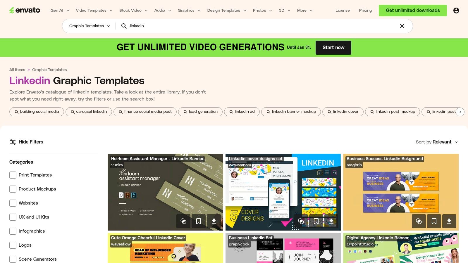 A screenshot of the Envato Elements interface showcasing a grid of professional and modern LinkedIn post templates, highlighting corporate and business themes.