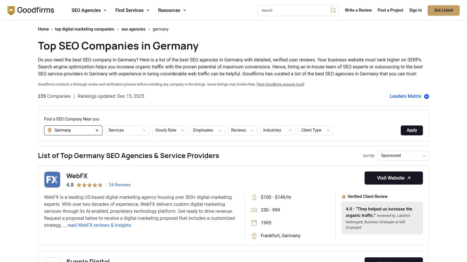 A screenshot of the GoodFirms website, displaying a list of top SEO companies in Germany with key data points like hourly rates, team size, and founding year, illustrating its utility in finding the best SEO agency.
