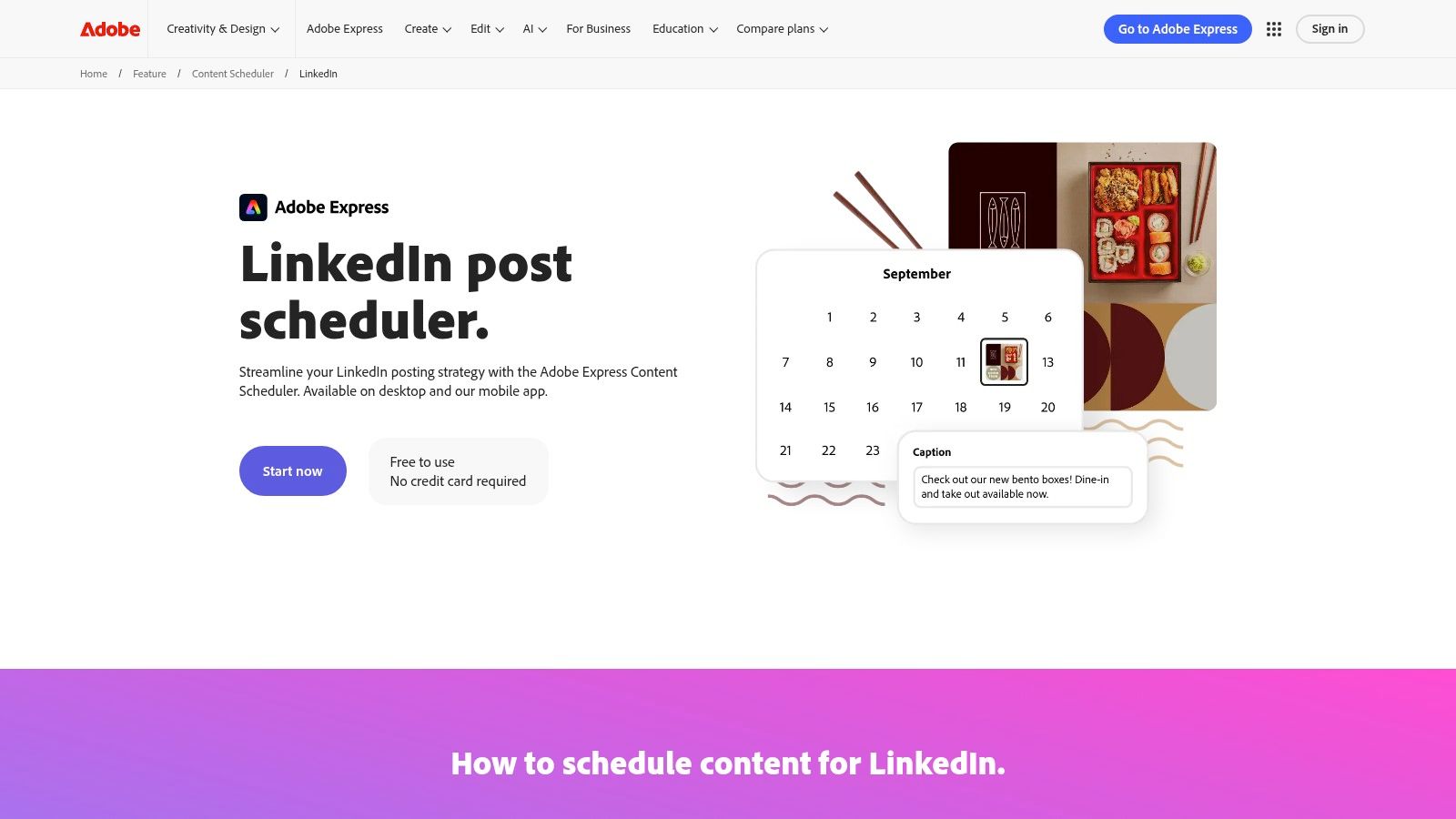 A screenshot of the Adobe Express interface, showcasing a content calendar view with scheduled social media posts and template design options.