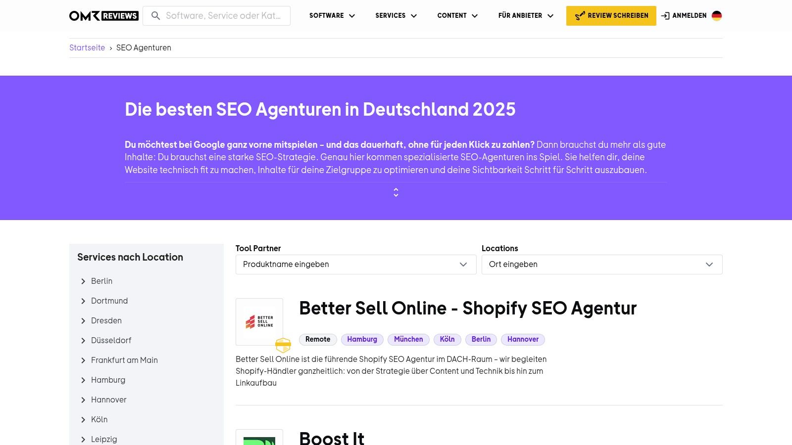 A screenshot of the OMR Reviews website, showing a directory of SEO agencies with user ratings and descriptions, highlighting its function as a tool for finding the best SEO agency.