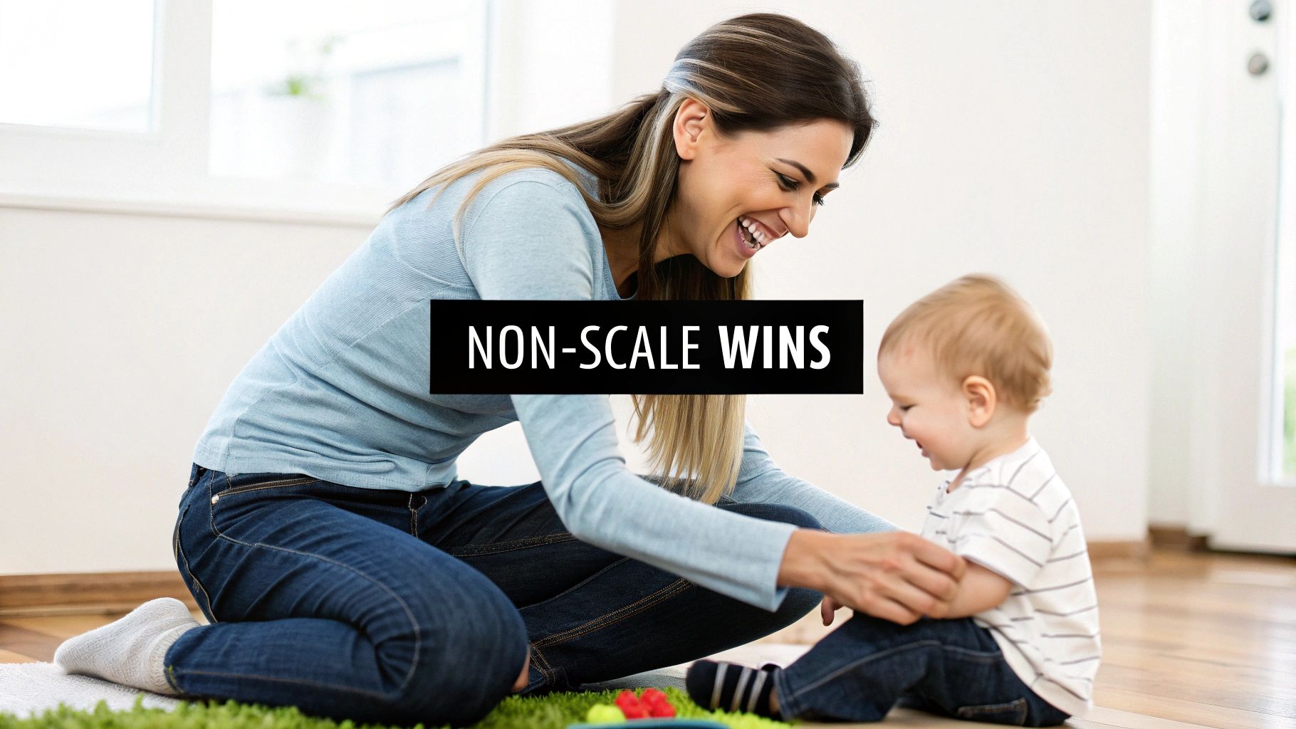 A woman smiles while holding her baby and a bottle of water.