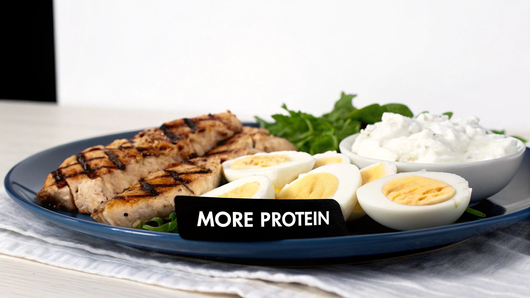 A plate of high-protein foods including grilled chicken, salmon, eggs, and beans