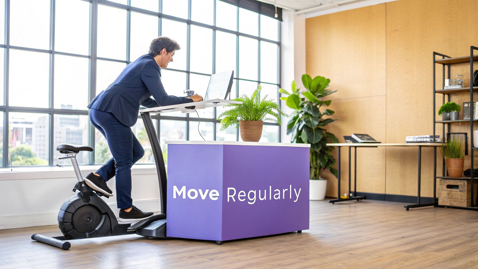 A woman performing a simple stretch at her modern, well-lit desk during a work break.