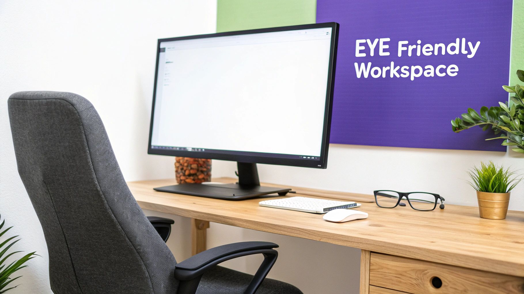 A person sitting at an ergonomically designed desk with a monitor at the correct height and good lighting.