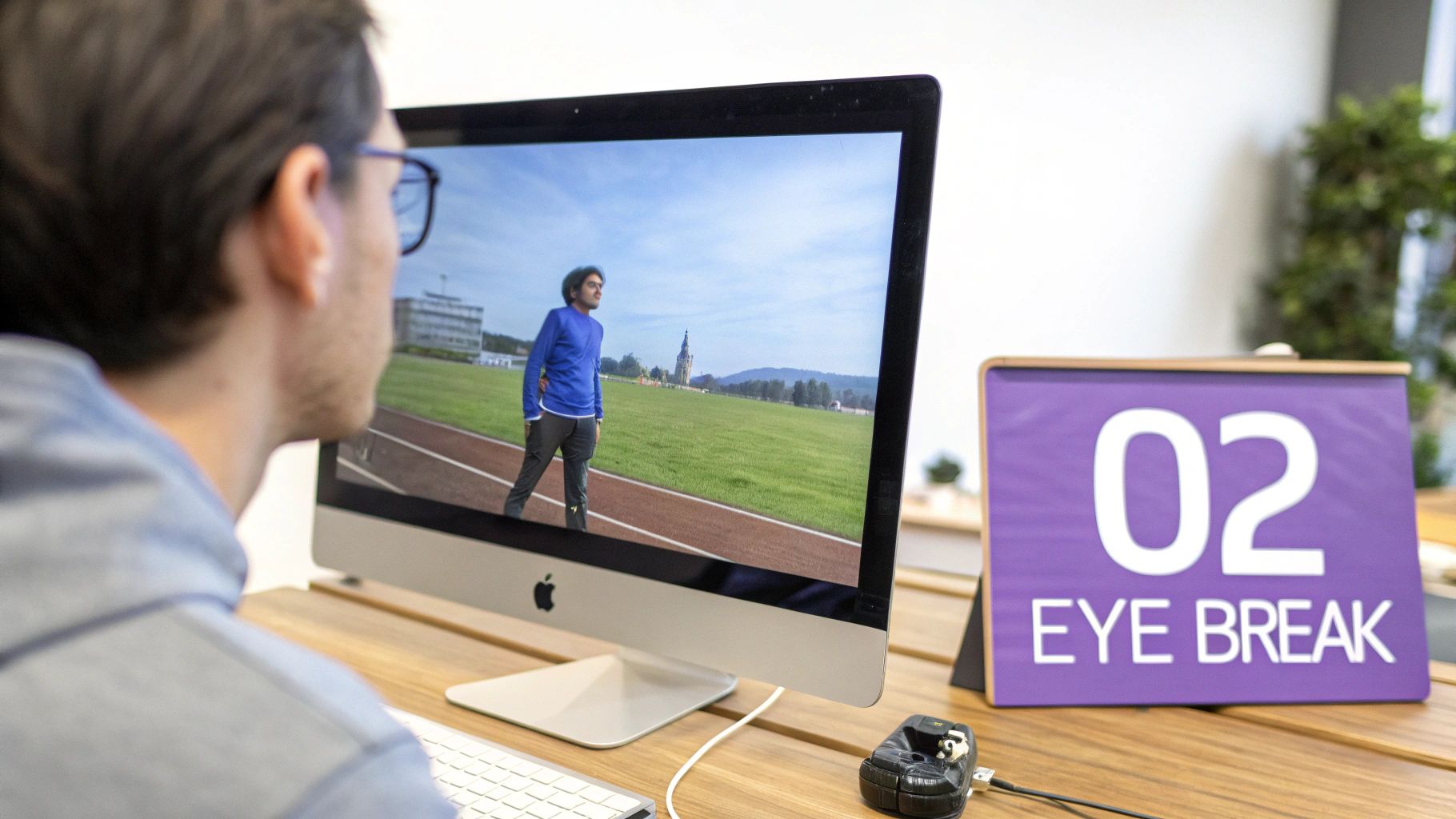 A person gently closing their eyes at their desk for a brief moment of rest.