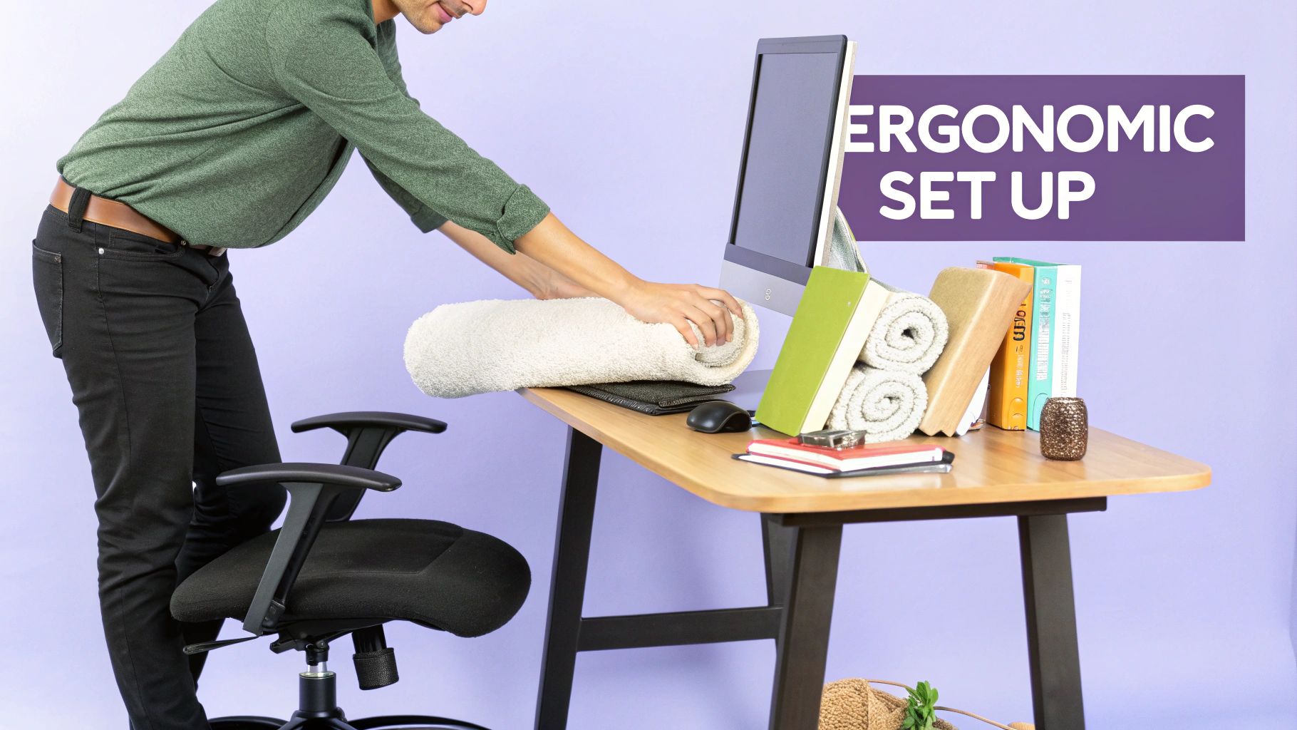 An ergonomic desk setup showing a person working comfortably with proper posture.
