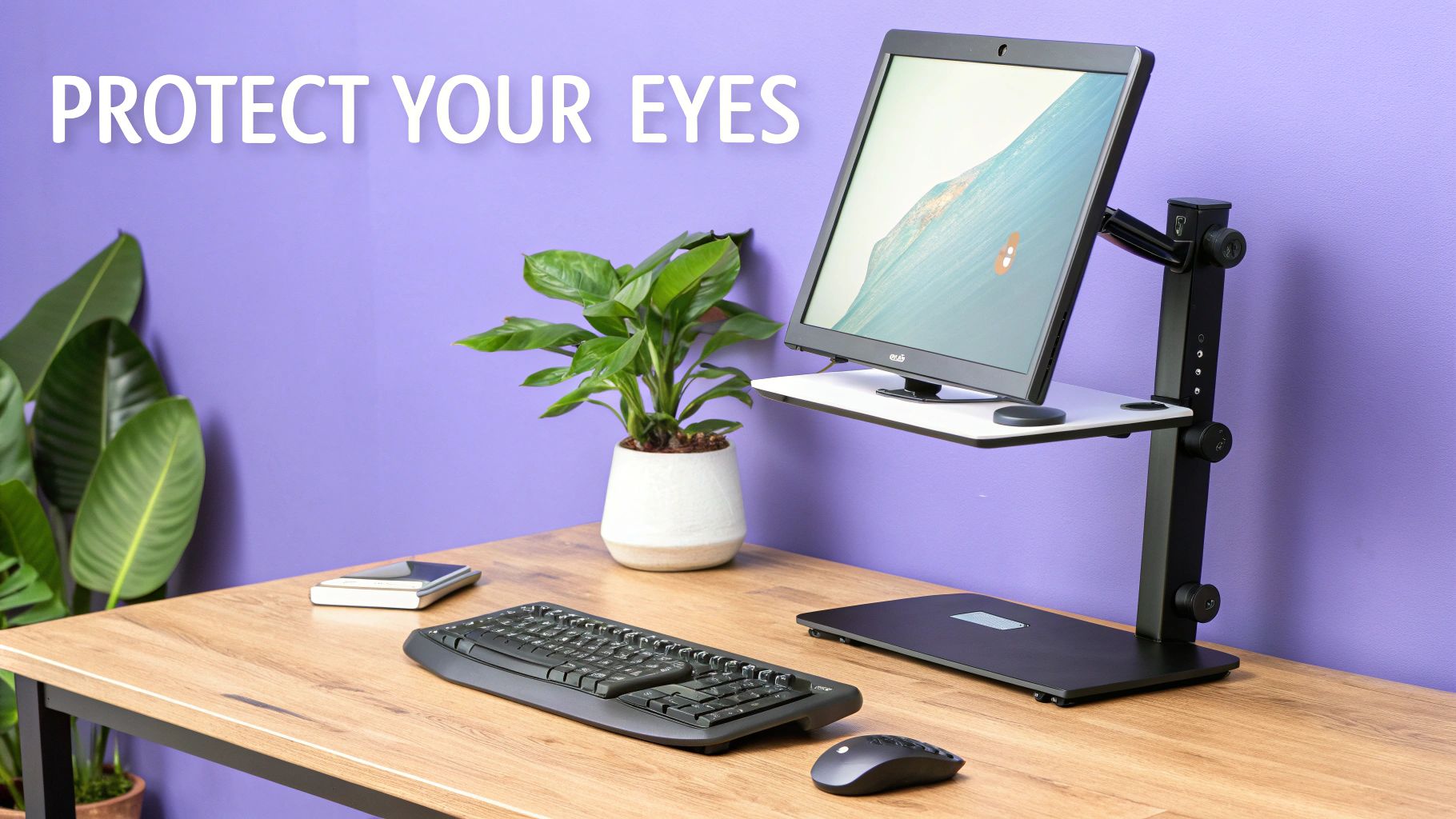 A person sitting at a well-lit ergonomic desk, with their monitor positioned at the correct height and distance.
